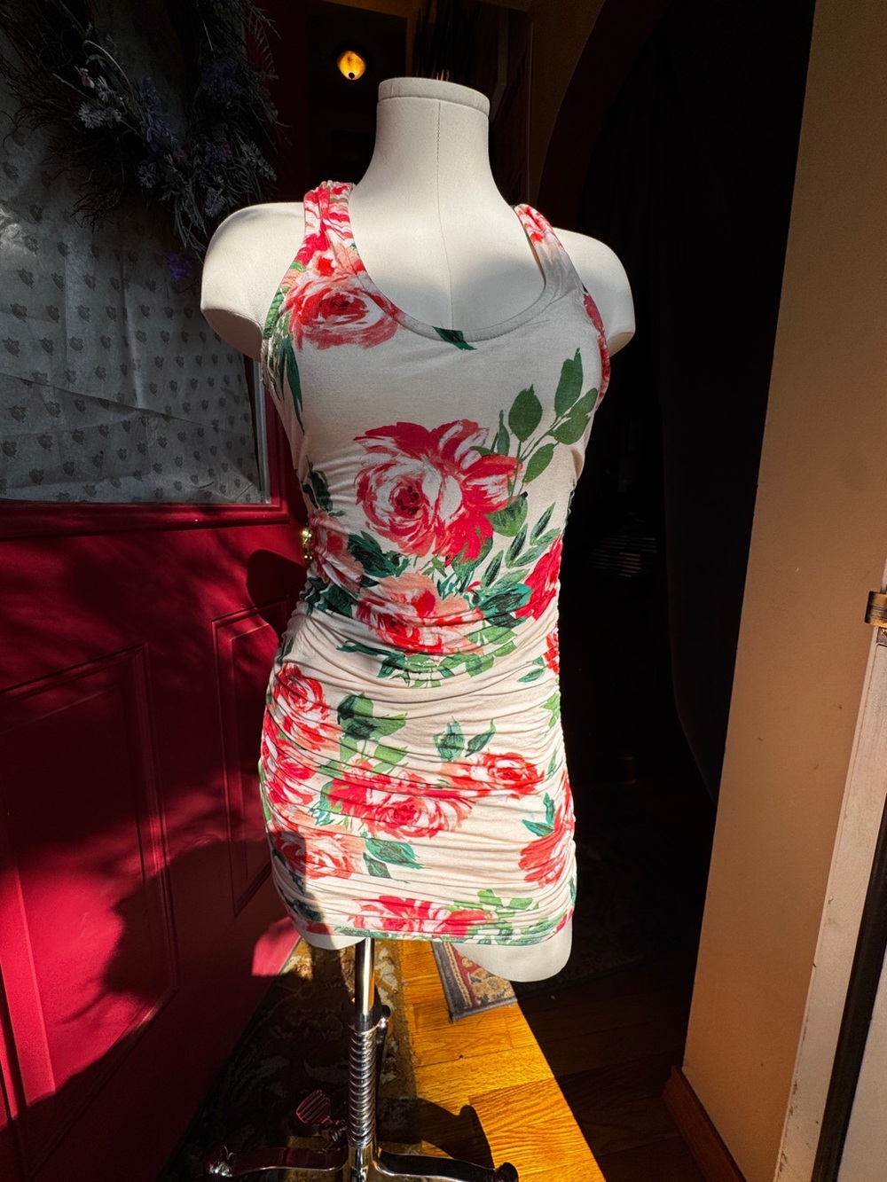 Floral Ruched Tank Dress in White with Red & Green Roses